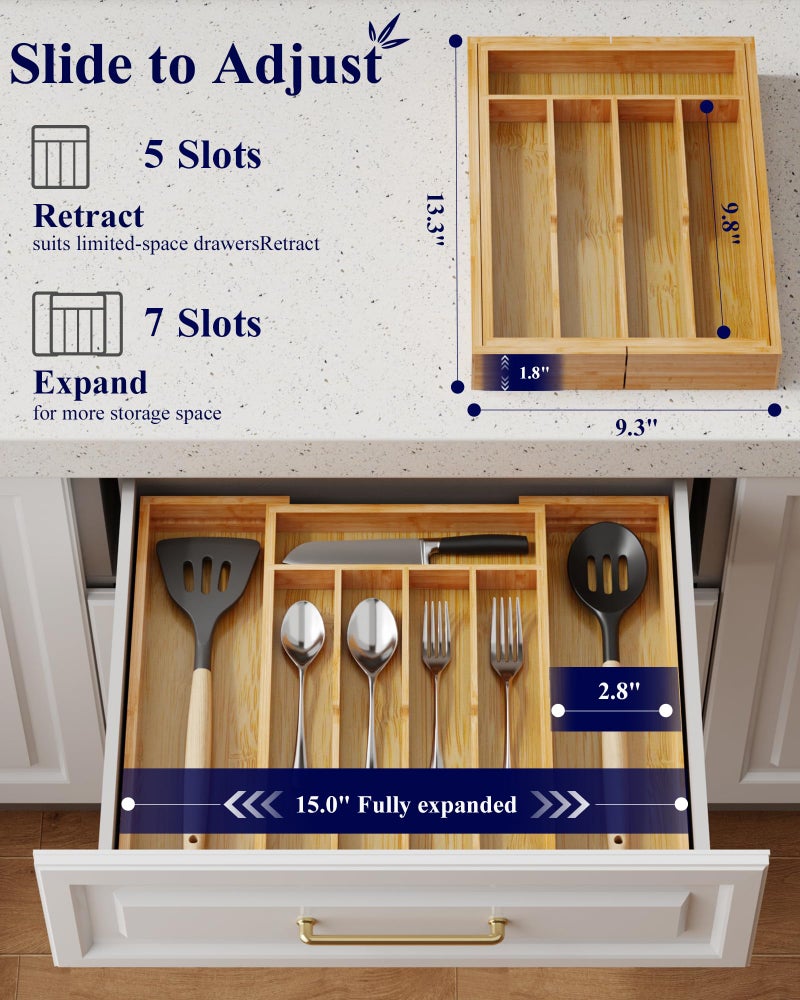 Kitsure Silverware Organizer - Expandable Bamboo Kitchen Drawer Organizer for Cooking Utensils and Cutlery, Sturdy & Thickened Kitchen Organizers and Storage Solution, Medium, Natural - Image 2