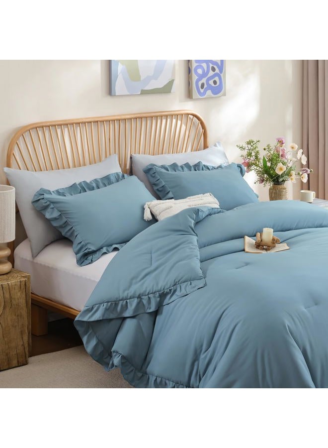 JANZAA Twin Comforter Set Mineral Blue Ruffle Comforter with 1 Pillowcase Soft Twin Size Bed Spread Set Vintage Farmhouse Bed Comforter Set Fluffy Shabby Chic Bedding for All Season - Image 3