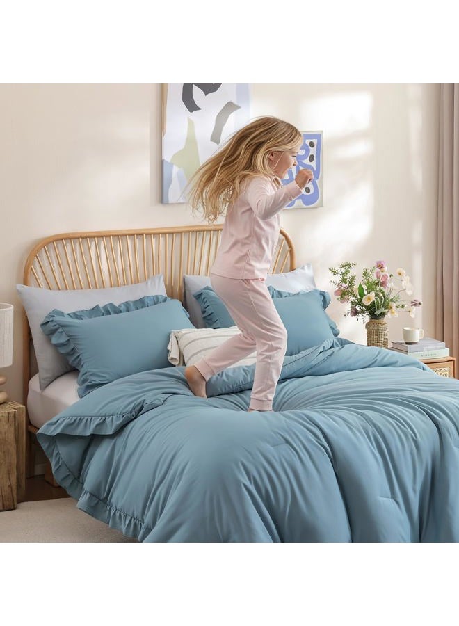 JANZAA Twin Comforter Set Mineral Blue Ruffle Comforter with 1 Pillowcase Soft Twin Size Bed Spread Set Vintage Farmhouse Bed Comforter Set Fluffy Shabby Chic Bedding for All Season - Image 2