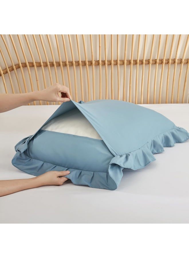JANZAA Twin Comforter Set Mineral Blue Ruffle Comforter with 1 Pillowcase Soft Twin Size Bed Spread Set Vintage Farmhouse Bed Comforter Set Fluffy Shabby Chic Bedding for All Season - Image 5