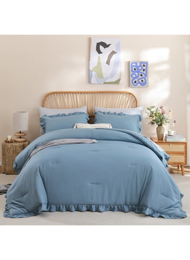 JANZAA Twin Comforter Set Mineral Blue Ruffle Comforter with 1 Pillowcase Soft Twin Size Bed Spread Set Vintage Farmhouse Bed Comforter Set Fluffy Shabby Chic Bedding for All Season - Image 4
