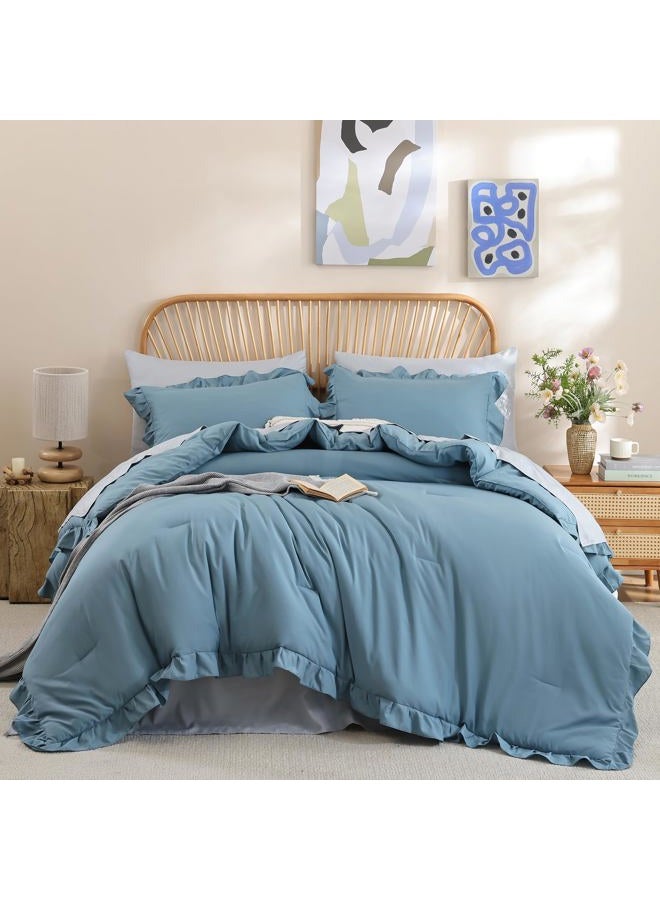 JANZAA Twin Comforter Set Mineral Blue Ruffle Comforter with 1 Pillowcase Soft Twin Size Bed Spread Set Vintage Farmhouse Bed Comforter Set Fluffy Shabby Chic Bedding for All Season - Image 1
