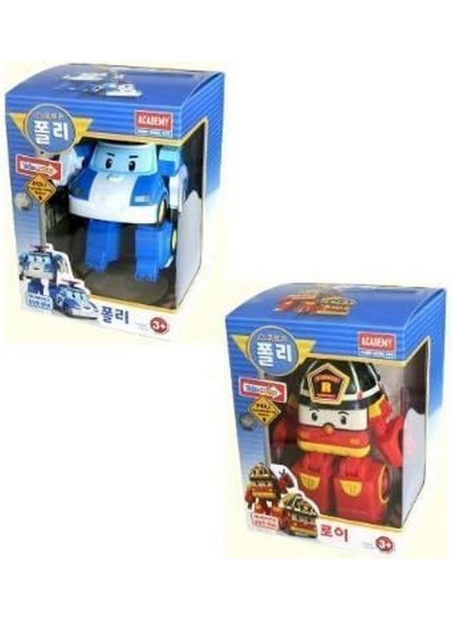 Robocar Poli Robocar Poli 2 Pack Poli + Roy Transforming Robot Toys, 4" Transformable Action Figure Car Toy, Rescue Team Emergency Vehicle Playset, Holiday Birthday Rescue Car Toys Gift for Boys Girls Age 1-5  - Image 1