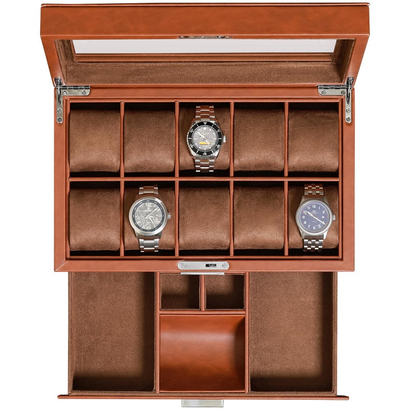 ROTHWELL 10Slot Watch Box in Leather with Valet Drawer Luxury Watch Case Display Organizer with Ultra Soft Microsuede Liner Jewelry and Sunglass Holder With Large Glass top TanBrown