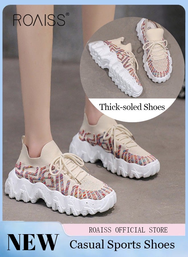 roaiss Women's Sports and Leisure Shoes Thick Sole Round Toe Medium Heel Low Top Mesh Athlesiure Shoes - Image 1