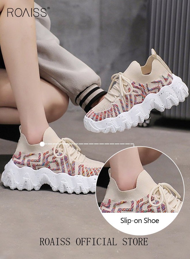 roaiss Women's Sports and Leisure Shoes Thick Sole Round Toe Medium Heel Low Top Mesh Athlesiure Shoes - Image 5
