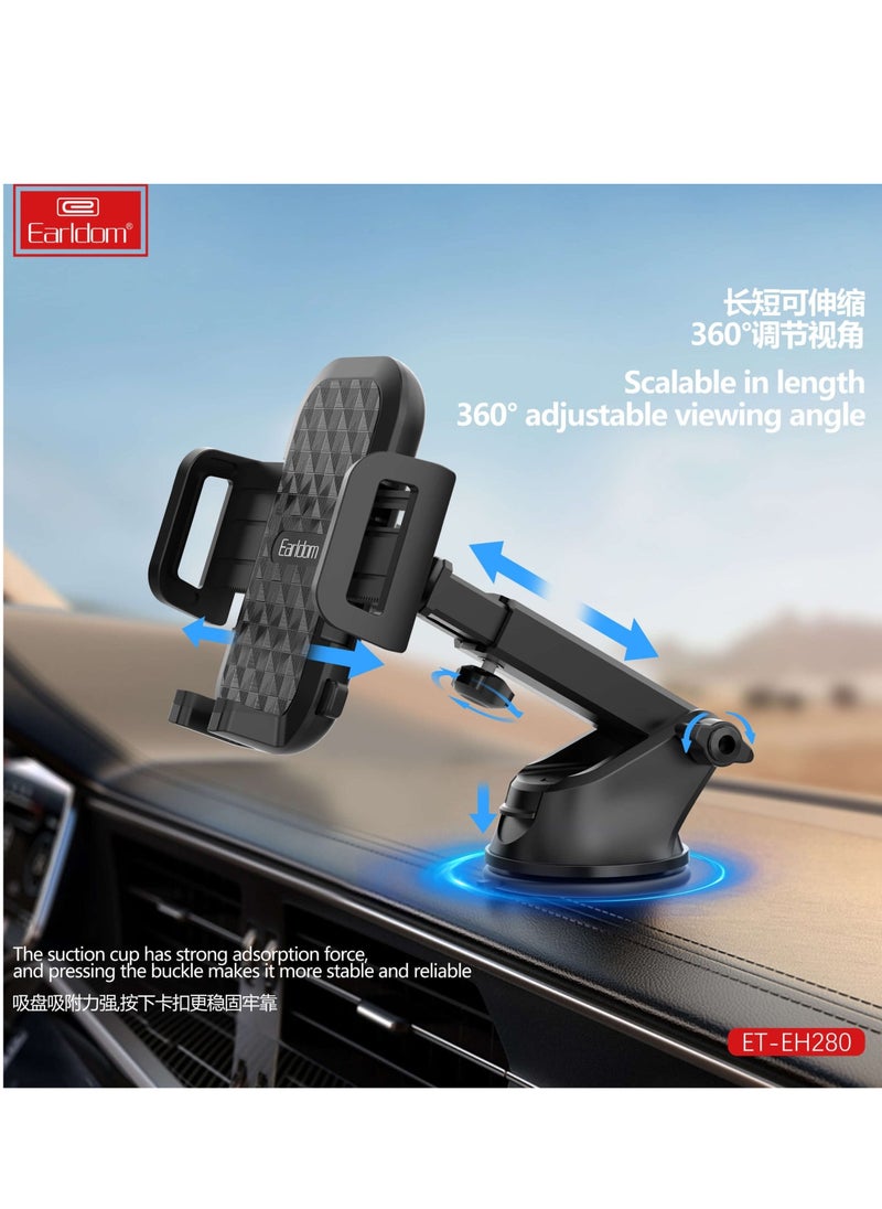 Earldom - Earldom EH280 Car Phone Holder – Strong Suction – Adjustable Telescopic Arm-360° Rotation – Black - Image 1