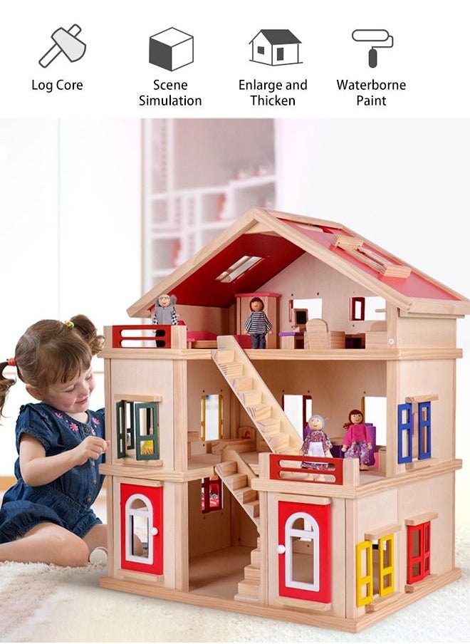 YelaJoy Luxury 3-Story Kids Wooden Dollhouse,Solid Wood,Large Size with Furniture, Accessories, and 6 dolls L: 24.9 W: 17.3 H: 28.7 inch  - Image 2