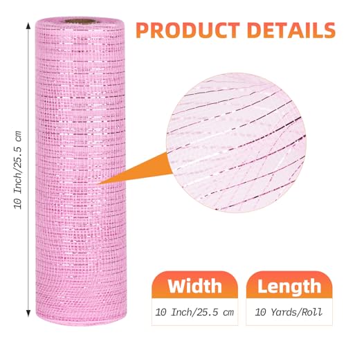 ICOSHOW Deco Mesh Ribbon - 10inch x 30 feet Each Roll Metallic Foil Mesh Ribbon for Christmas, Valentine's Easter Wreath and Home Decorating (Pink) - Image 2