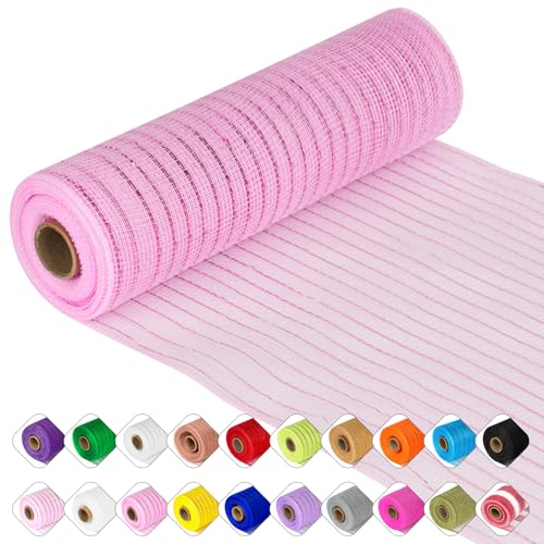 ICOSHOW Deco Mesh Ribbon - 10inch x 30 feet Each Roll Metallic Foil Mesh Ribbon for Christmas, Valentine's Easter Wreath and Home Decorating (Pink) - Image 1