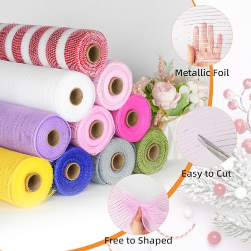 ICOSHOW Deco Mesh Ribbon - 10inch x 30 feet Each Roll Metallic Foil Mesh Ribbon for Christmas, Valentine's Easter Wreath and Home Decorating (Pink) - Image 3