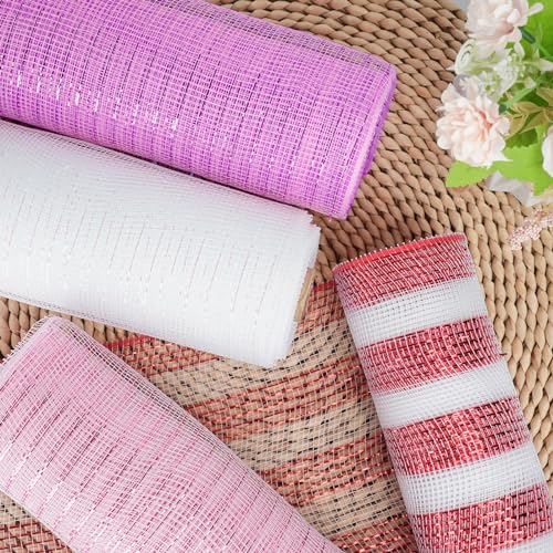 ICOSHOW Deco Mesh Ribbon - 10inch x 30 feet Each Roll Metallic Foil Mesh Ribbon for Christmas, Valentine's Easter Wreath and Home Decorating (Pink) - Image 5