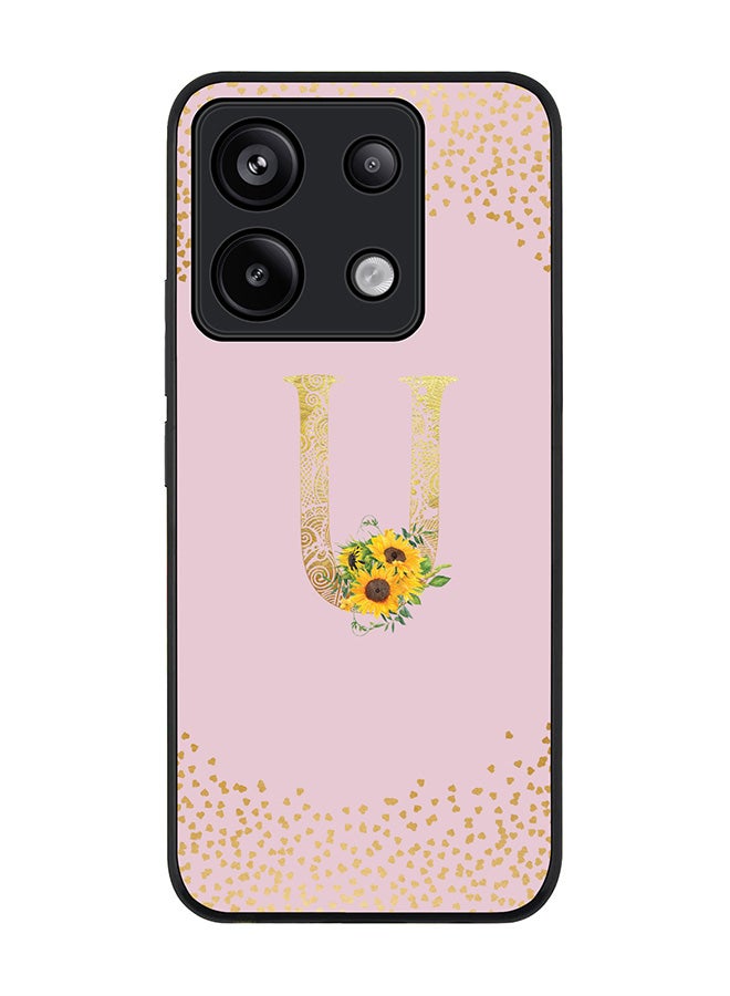 Stylizedd Rugged Black edge case for Poco X6 5G, Slim Cover - Custom Monogram Initial Letter Floral Pattern Alphabet - U (Pink ) - Image 1