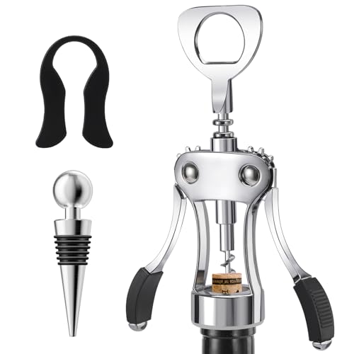 KORCCI Wine Opener with Stopper, Cutter - Wine Bottle Opener Bundle, Zinc Alloy Wing Corkscrew Heavy Duty, Cork Screw Beer Opener for Bartenders, Multifunctional Bottle Opener for Kitchen, Restaurant, Bar - Image 1