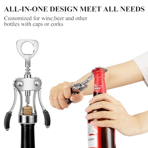 KORCCI Wine Opener with Stopper, Cutter - Wine Bottle Opener Bundle, Zinc Alloy Wing Corkscrew Heavy Duty, Cork Screw Beer Opener for Bartenders, Multifunctional Bottle Opener for Kitchen, Restaurant, Bar - Image 4