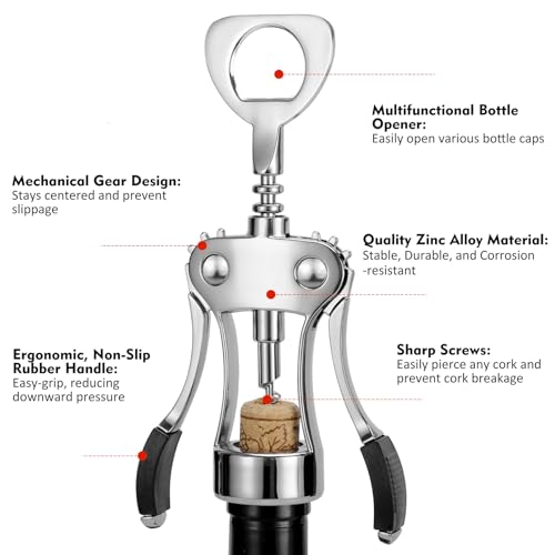 KORCCI Wine Opener with Stopper, Cutter - Wine Bottle Opener Bundle, Zinc Alloy Wing Corkscrew Heavy Duty, Cork Screw Beer Opener for Bartenders, Multifunctional Bottle Opener for Kitchen, Restaurant, Bar - Image 3