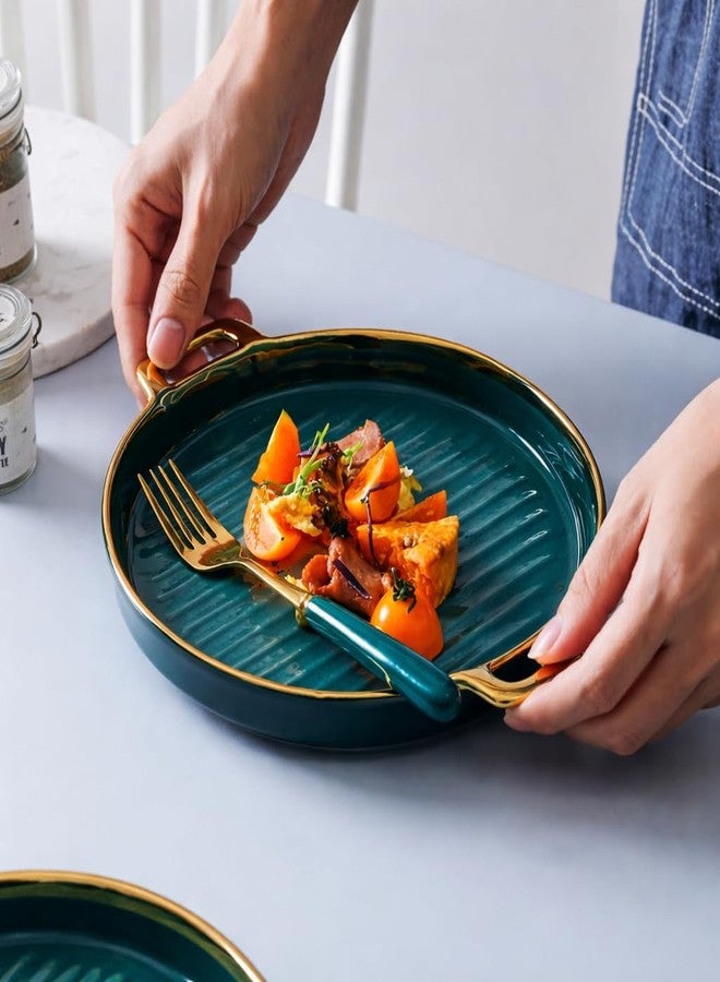 Beyond Homes Ceramic Serving Platter with Handles, 24 cm | Round Ceramic Snack Tray with Gold Rim | Microwave & Dishwasher Safe Platter for Starters, Appetizers & Dining Table (Teal Gold) - Image 1
