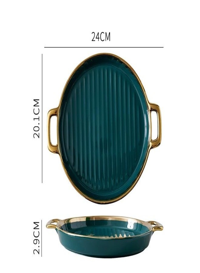 Beyond Homes Ceramic Serving Platter with Handles, 24 cm | Round Ceramic Snack Tray with Gold Rim | Microwave & Dishwasher Safe Platter for Starters, Appetizers & Dining Table (Teal Gold) - Image 2