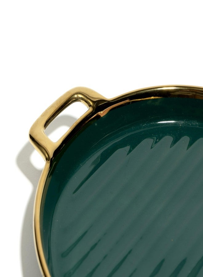 Beyond Homes Ceramic Serving Platter with Handles, 24 cm | Round Ceramic Snack Tray with Gold Rim | Microwave & Dishwasher Safe Platter for Starters, Appetizers & Dining Table (Teal Gold) - Image 4