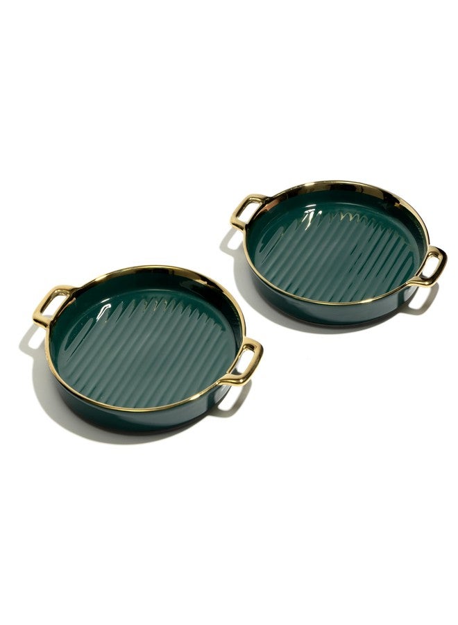 Beyond Homes Ceramic Serving Platter with Handles, 24 cm | Round Ceramic Snack Tray with Gold Rim | Microwave & Dishwasher Safe Platter for Starters, Appetizers & Dining Table (Teal Gold) - Image 5