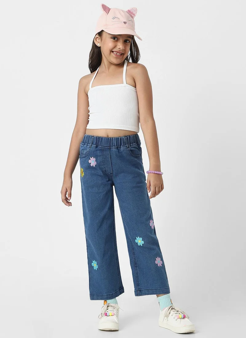 Nautinati Nautinati Girls' Cotton Denim Jeans with Little Flower Appliques