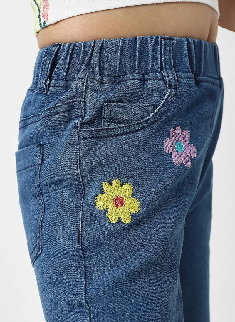 Nautinati Nautinati Girls' Cotton Denim Jeans with Little Flower Appliques