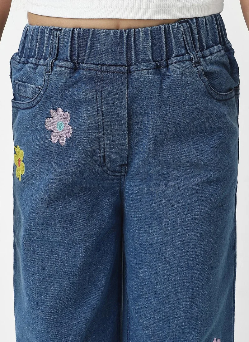 Nautinati Nautinati Girls' Cotton Denim Jeans with Little Flower Appliques