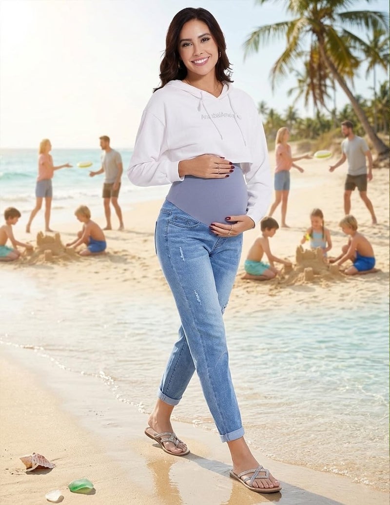 POSHGLAM Women's Maternity Boyfriend Jeans Over Belly Stretch Comfy Loose Casual Denim Pants with Pockets for Everyday Wear(Blue, Medium) - Image 2