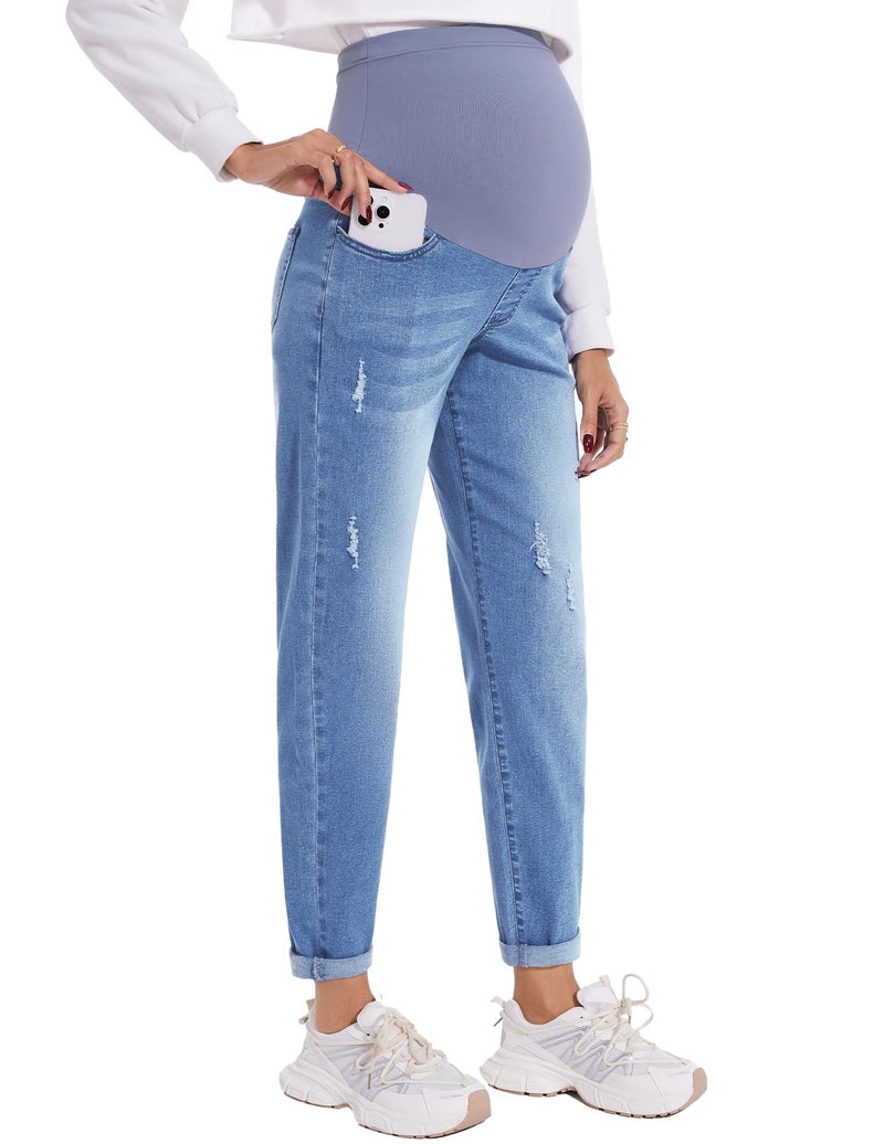 POSHGLAM Women's Maternity Boyfriend Jeans Over Belly Stretch Comfy Loose Casual Denim Pants with Pockets for Everyday Wear(Blue, Medium) - Image 1
