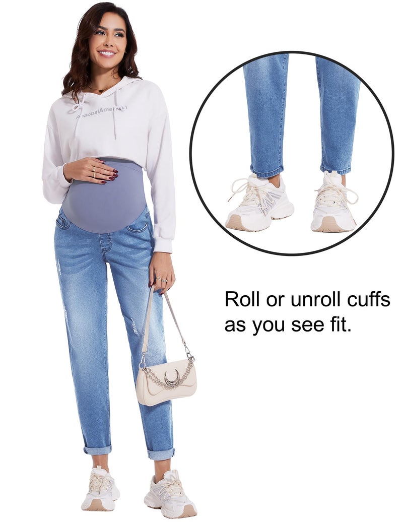 POSHGLAM Women's Maternity Boyfriend Jeans Over Belly Stretch Comfy Loose Casual Denim Pants with Pockets for Everyday Wear(Blue, Medium) - Image 5