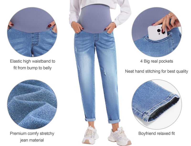 POSHGLAM Women's Maternity Boyfriend Jeans Over Belly Stretch Comfy Loose Casual Denim Pants with Pockets for Everyday Wear(Blue, Medium) - Image 4