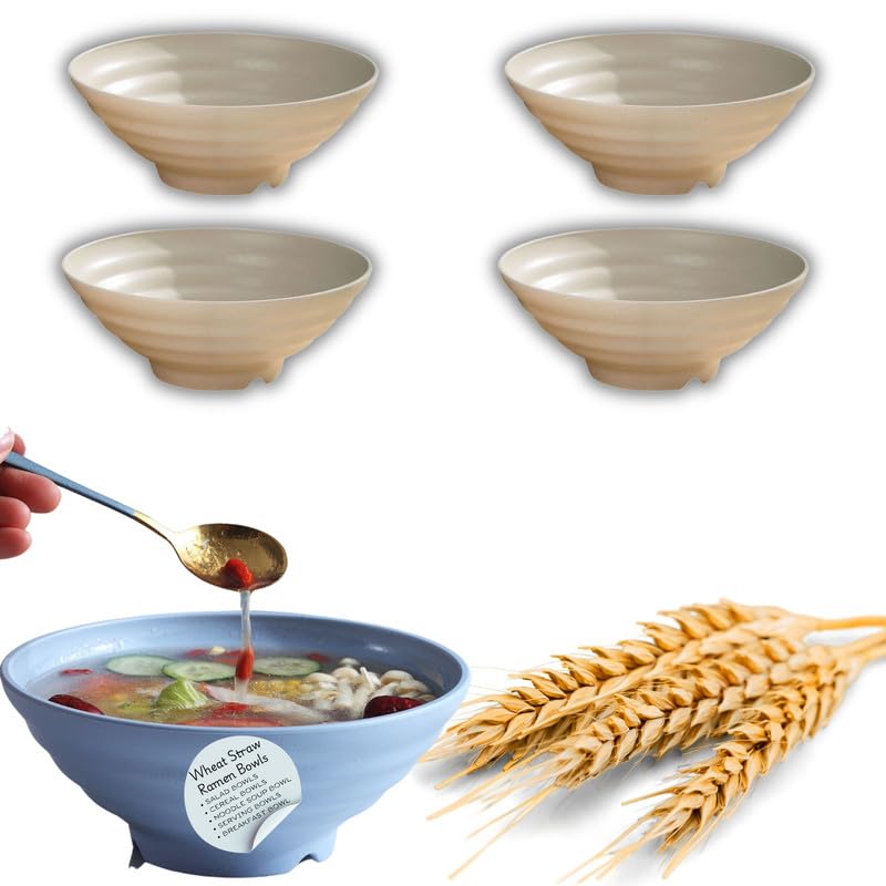 RoarCraft Unbreakable Wheat Straw Bowls - Durable BPA-Free Lightweight Cereal Bowls, Camping, Serving Meals, or Everyday use for Soup, Oatmeal, Ramen, Salad (Beige, 19 x 7.5 CM, Pack of 4) - Image 1
