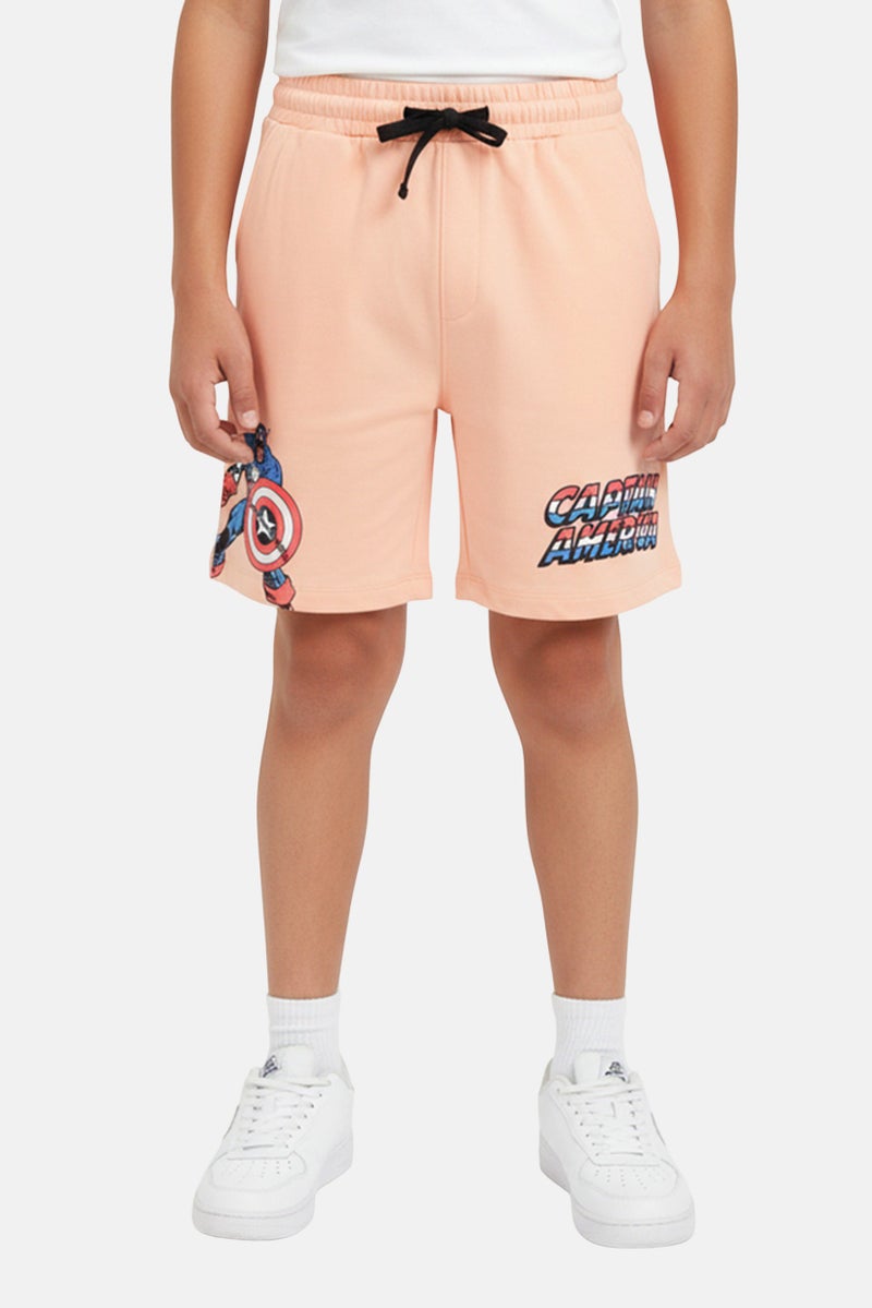 MARVEL Kids Boy Drawstring Graphic Print Basic Shorts, Peach - Image 1