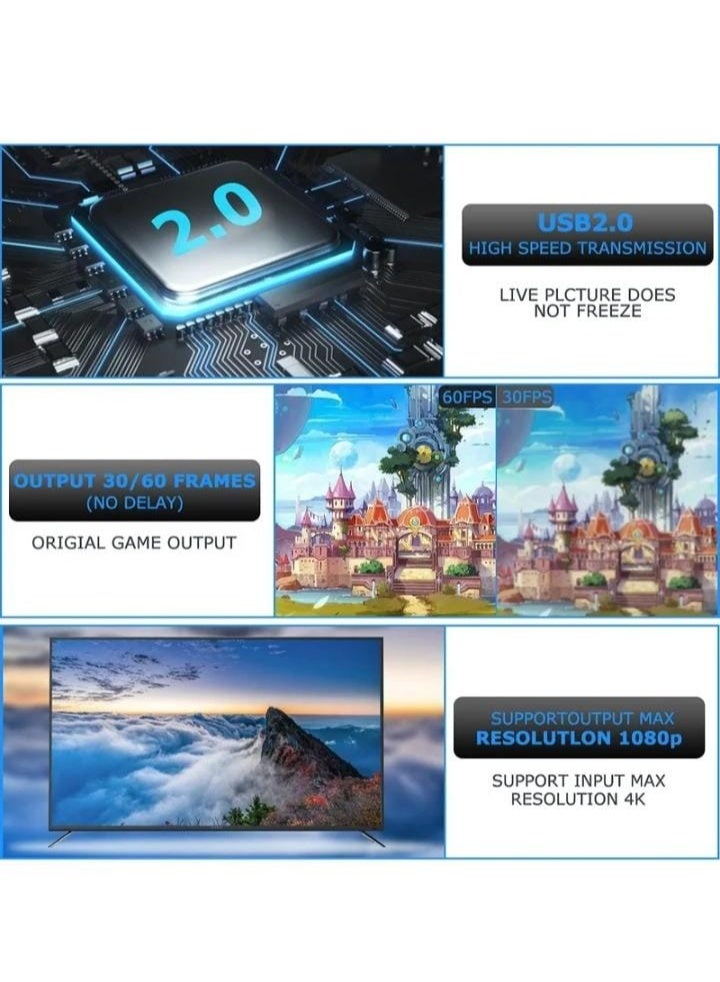 HDMI to USB 2.0 Video Capture Card: Supports 1080p/30fps output and 4K/30Hz input—ideal for game recording, live streaming, and video production. - Image 5