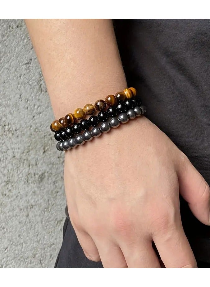 Home Clearance Sale 3pcs Hot Sale 8mm Natural Stone Beads Men's Bracelet, Rose Quartz Agate Stone Combination Bracelet Women's Bracelet - Image 3