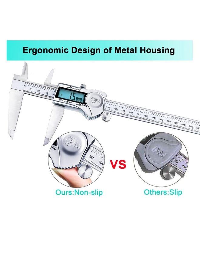 فرجار رقمي، أداة قياس فرجار 12 بوصة من الفولاذ المقاوم للصدأ، تصميم مقاوم للرذاذ IP54، شاشة LCD كبيرة، تحويل سهل من الكسر المتري بالبوصة (الحجم: 300 مم) - Image 2