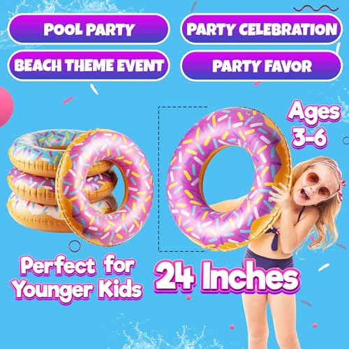 Bedwina Inflatable Donuts - (Pack of 4) 24 Inch Donut Pool Float for Kids Ages 2-6 Pool Tube, Assorted Swim Rings with Sprinkles for Pool Floaties, Party Decorations - Image 3