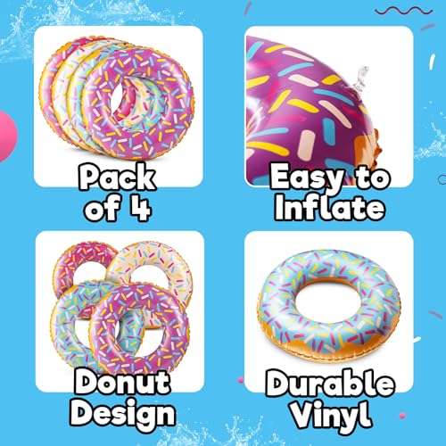 Bedwina Inflatable Donuts - (Pack of 4) 24 Inch Donut Pool Float for Kids Ages 2-6 Pool Tube, Assorted Swim Rings with Sprinkles for Pool Floaties, Party Decorations - Image 2