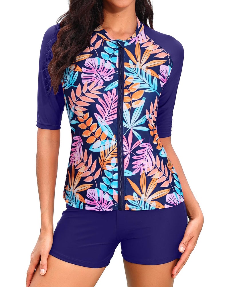 Holipick Colorful Leaves Women 2 Piece Rash Guard SwimsuitShort Sleeve Swim Shirt with Shorts Full Zipper SPF Modest Swimwear L