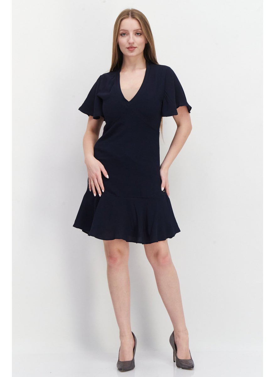 Pepe Jeans - Women V-Neck Long Sleeves Mini Dress, Navy - Image 1