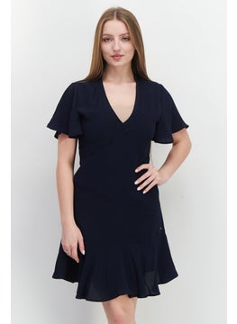 Women V-Neck Long Sleeves Mini Dress, Navy