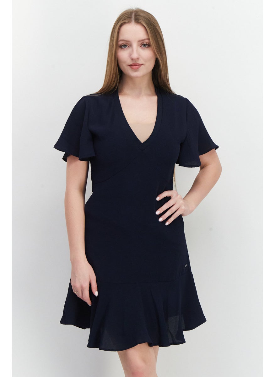 Pepe Jeans - Women V-Neck Long Sleeves Mini Dress, Navy - Image 1