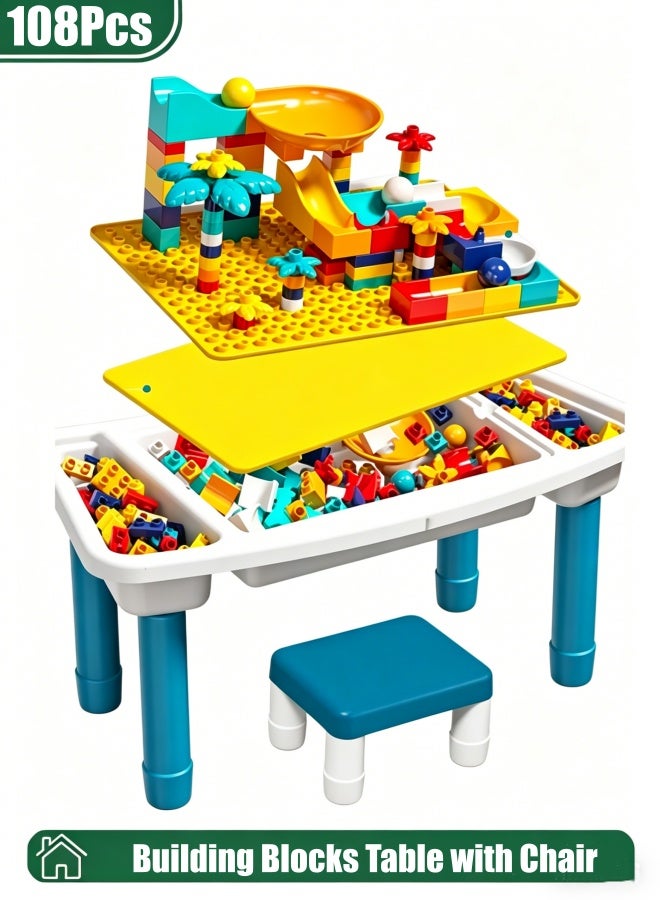 Building Blocks Table,Toddlers Activity Table,5-in-1 Multi Activity Play Table Set with Storage Includes 1 Chair and 108 Pieces Compatible Large Bricks Building Blocks for Kids Ages 2 and Up - Image 1