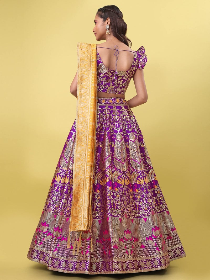 PURVAJA Women's Jacquard Semi-Stitched Lehenga choli (Lotus-Wine_Wine_Free Size) - Image 3