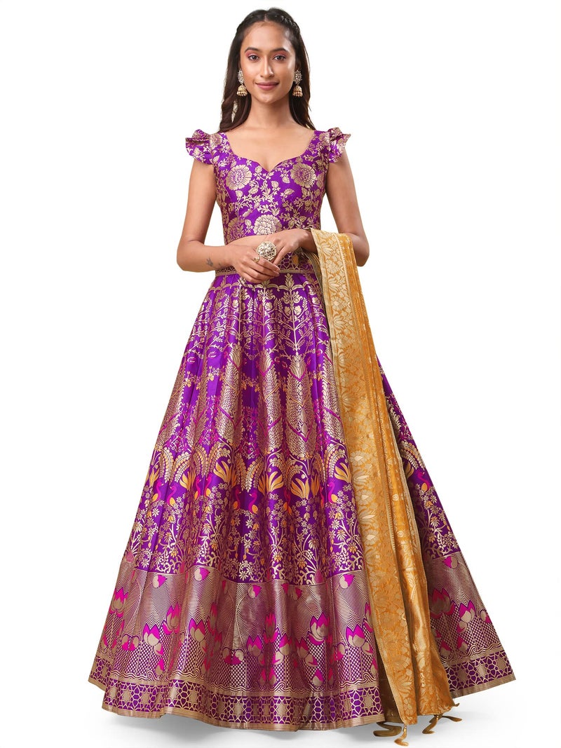 PURVAJA Women's Jacquard Semi-Stitched Lehenga choli (Lotus-Wine_Wine_Free Size) - Image 1