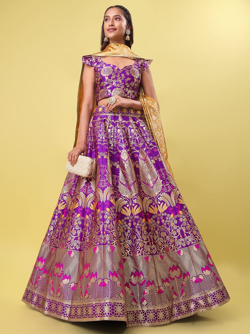 PURVAJA Women's Jacquard Semi-Stitched Lehenga choli (Lotus-Wine_Wine_Free Size) - Image 4