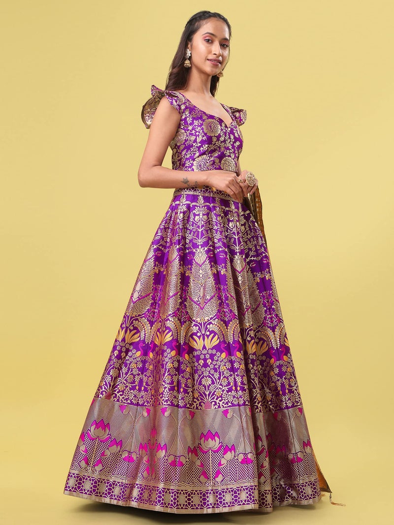 PURVAJA Women's Jacquard Semi-Stitched Lehenga choli (Lotus-Wine_Wine_Free Size) - Image 2