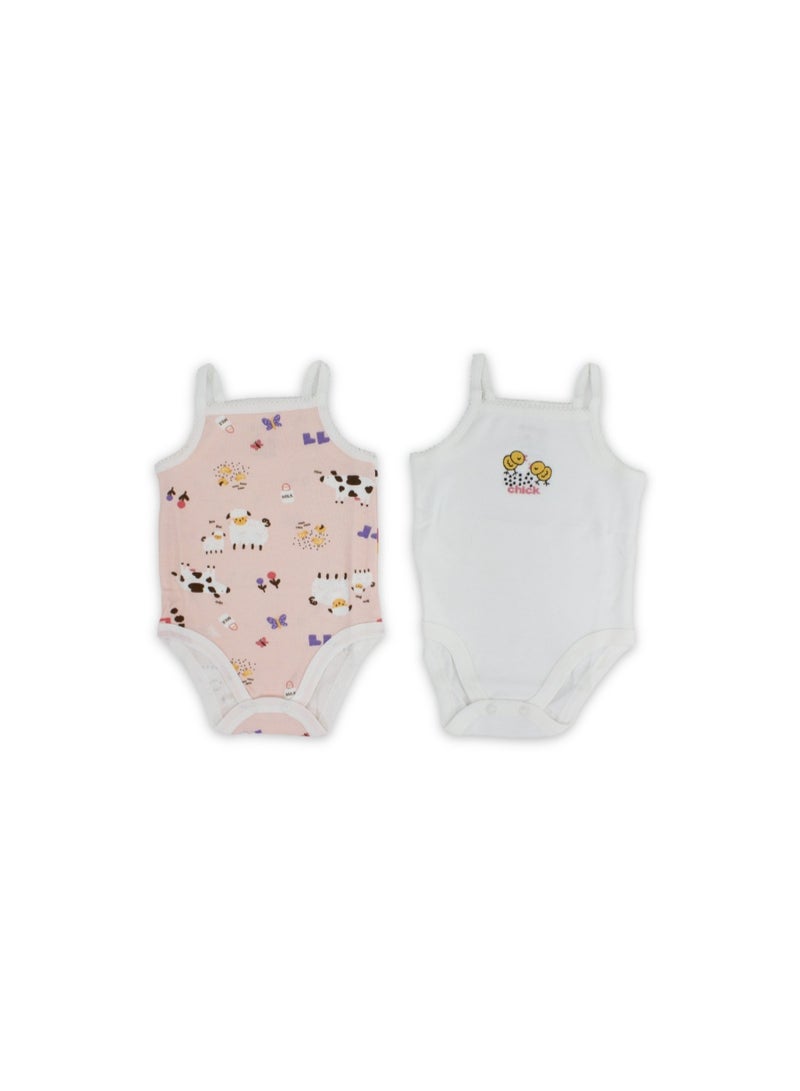 El Sayaad Baby Girls Cotton Sleeveless Bodysuit – Salmon & Off-White with Farm Animals Print - Image 1