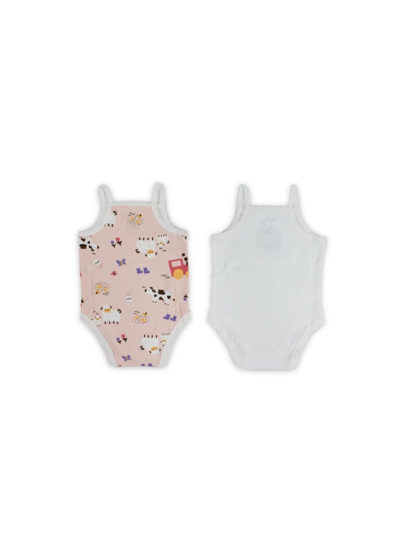 El Sayaad Baby Girls Cotton Sleeveless Bodysuit – Salmon & Off-White with Farm Animals Print - Image 2