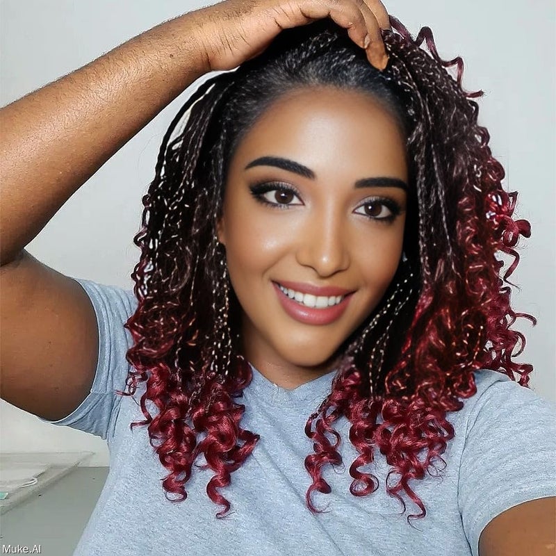 Dorsanee Boho Box Braids Crochet Hair for Women 10 Inch 7 Packs Ombre Goddess Box Braids with Curly Ends 3X Short Bob Crochet Braids for Kids Burgundy Synthetic Bohemian Braiding Hair Extensions TBUG